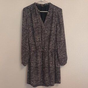 DALIA WOMEN'S DRESS NAVY BLUE WHITE SPLOTCH LINED LONG SLEEVE TIE WAIST SIZE M